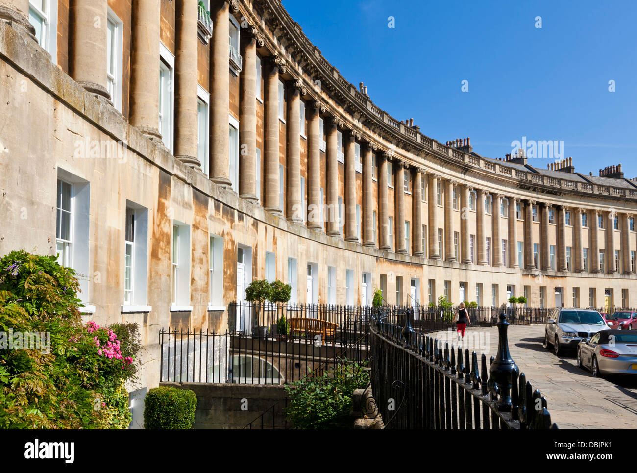 The Royal crescent terrace of houses with ornate railings Bath