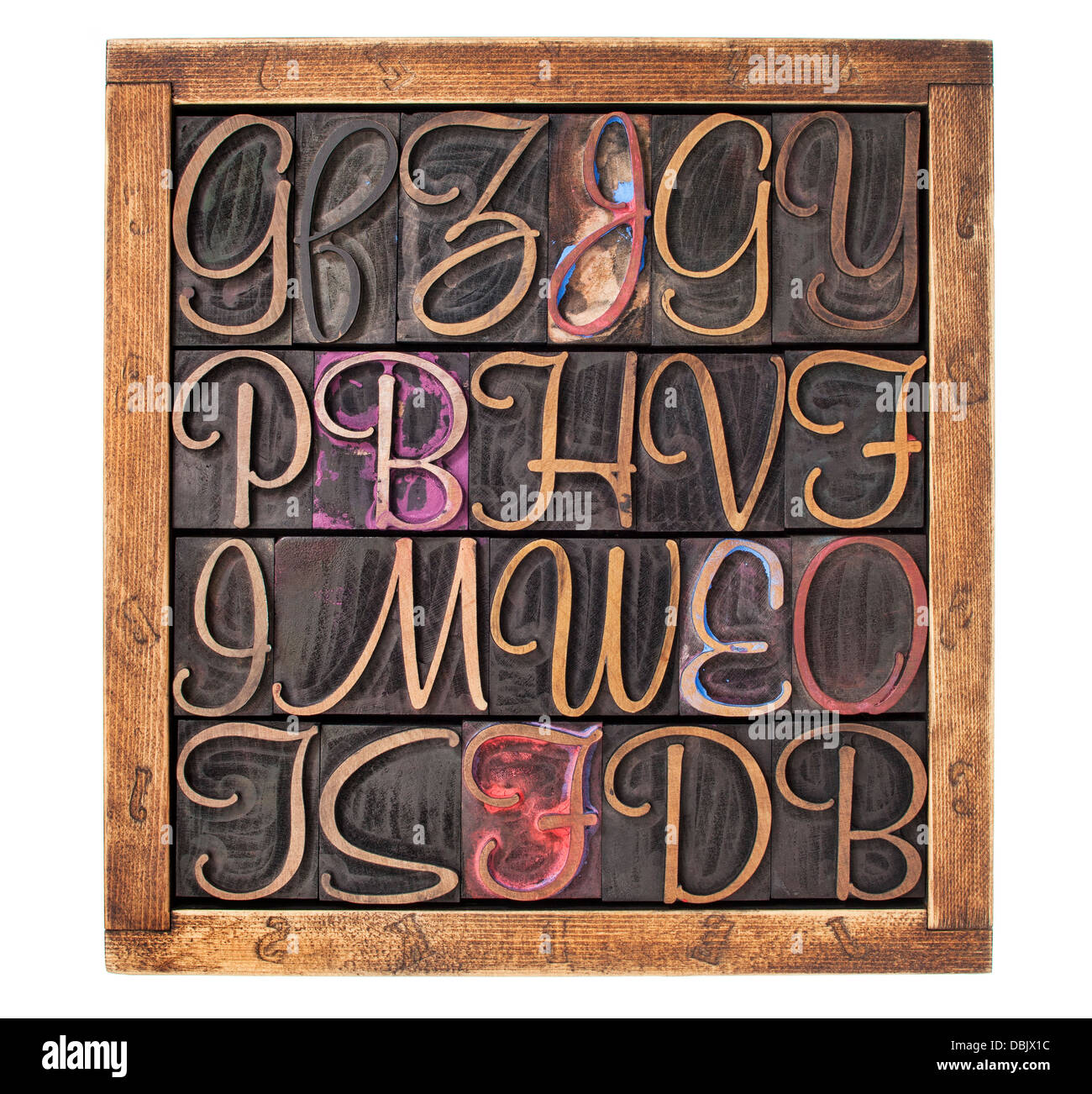 vintage letterpress wood type printing blocks (script font) stained by