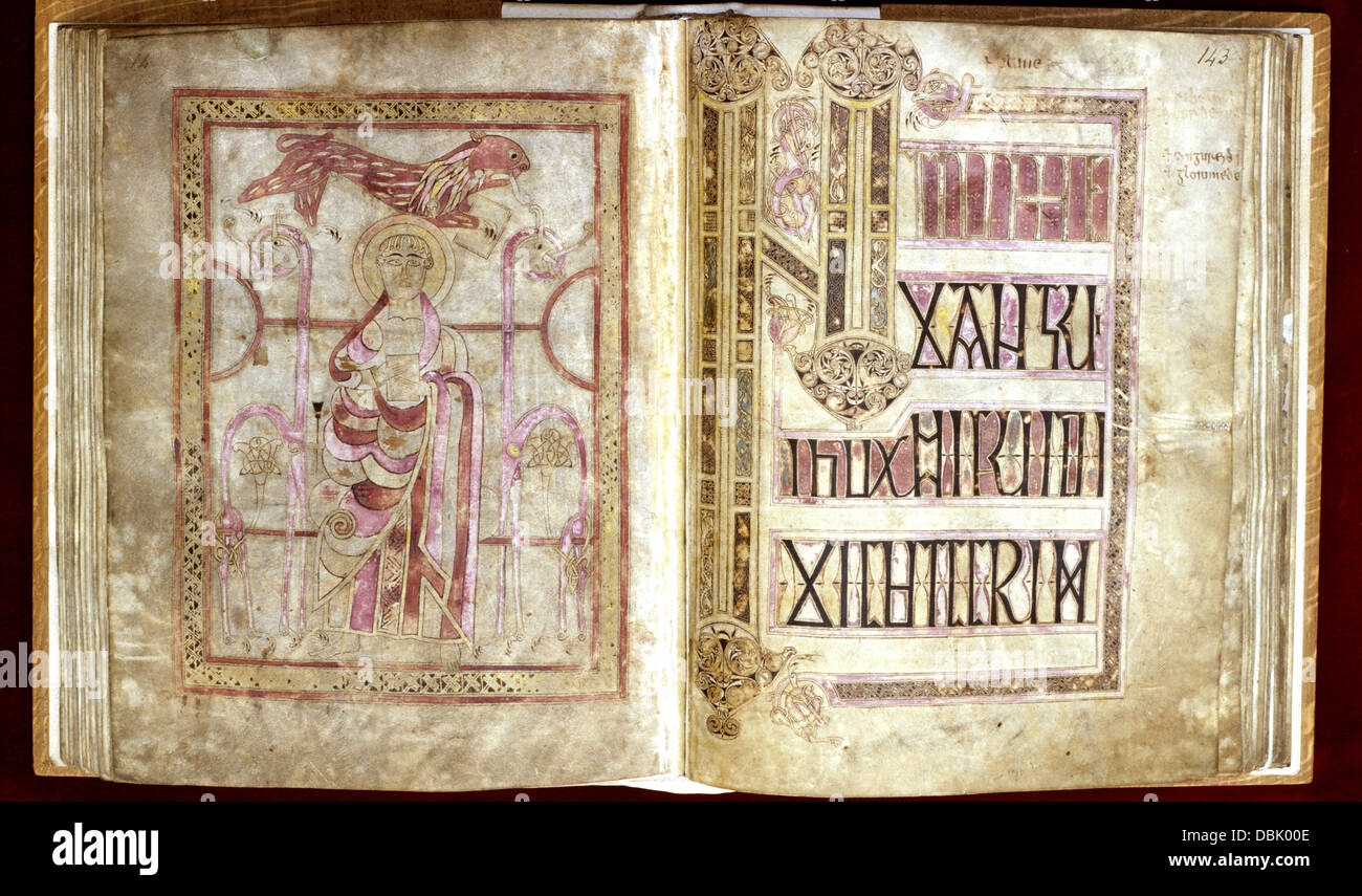 The Lichfield Gospels 720-730AD St Mark miniature page and the incipit page, pages 142-143 Stock Photo