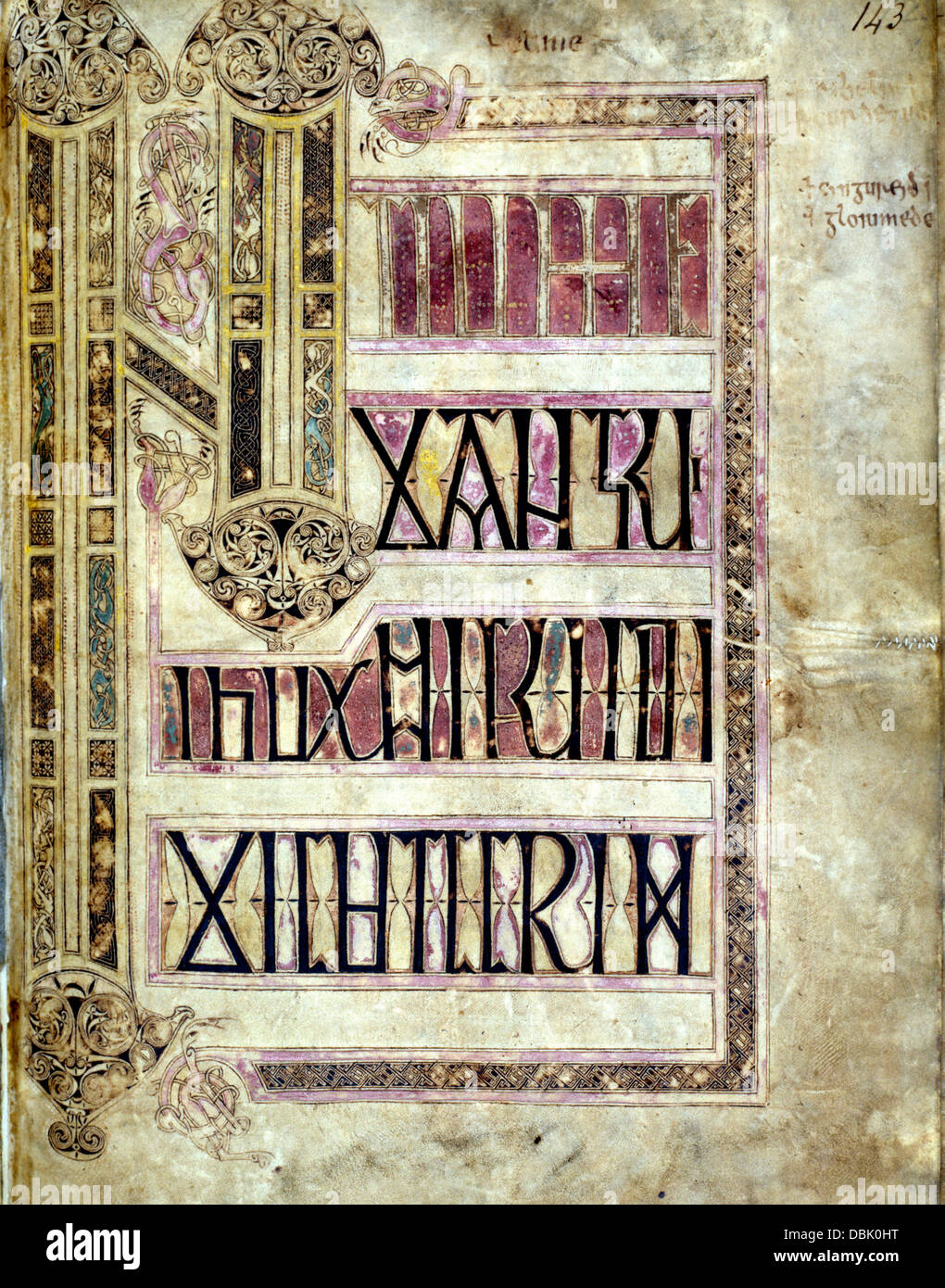 The Lichfield Gospels detail of page 143, the Mark incipit page, 720 AD Stock Photo