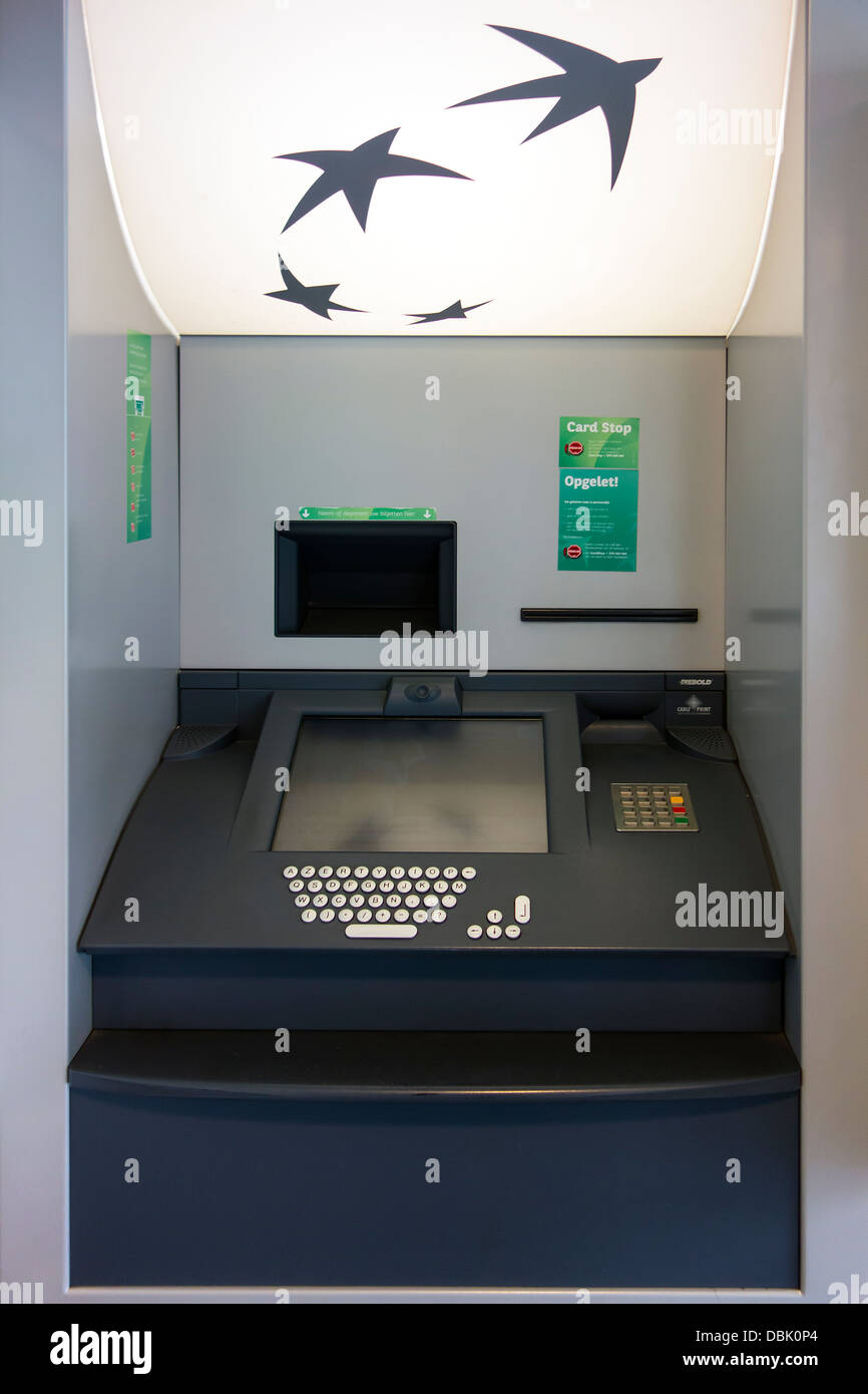 Indoor ATM cash dispenser at cashpoint of the BNP Paribas Fortis bank Stock Photo