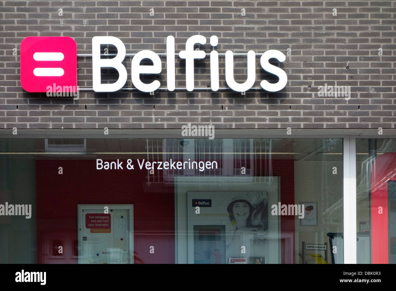 Sign showing logo of the Belgian Belfius bank and assurances in Belgium Stock Photo