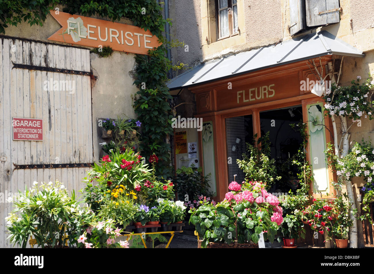 A traditional florist's shop in the French town of Florac. The town is a popular tourist destination. Stock Photo