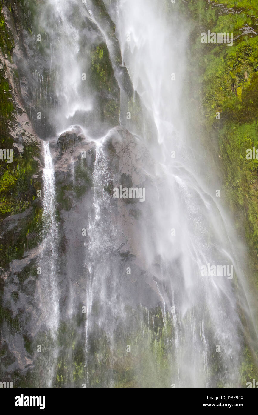 Detail of Stirling Falls in Milford Sound, Fiordland National Park, New Zealand. Stock Photo