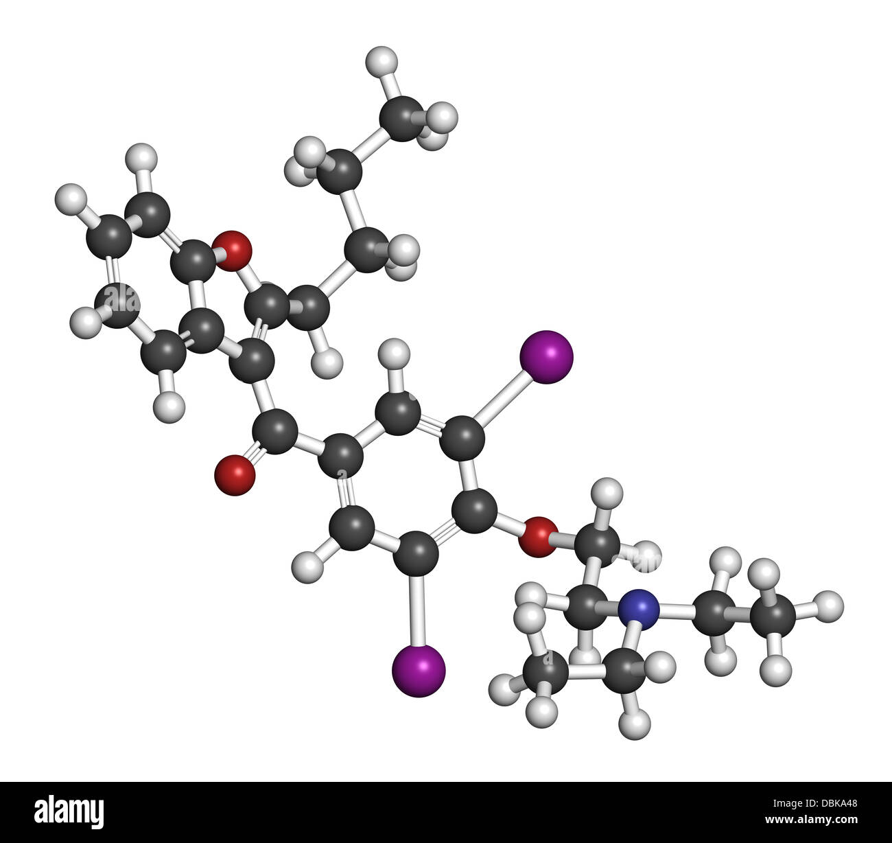 Amiodarone antiarrhythmic drug, chemical structure. Atoms are represented as spheres with conventional color coding Stock Photo