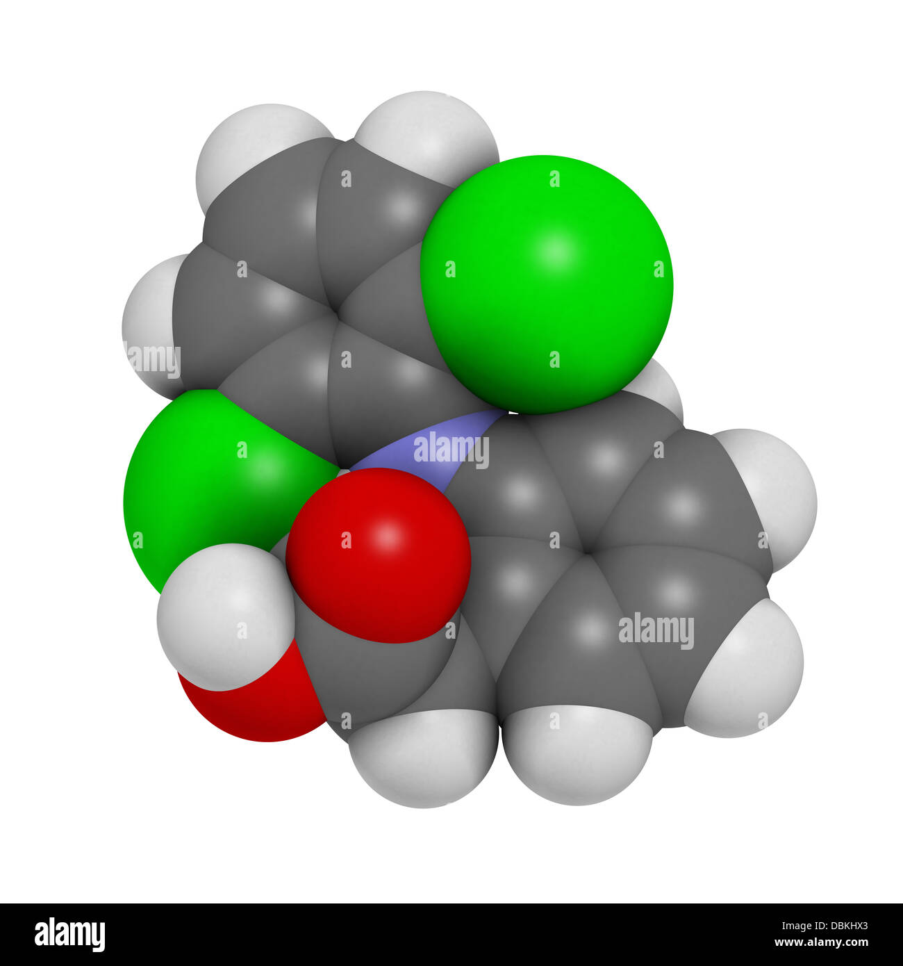 Diclofenac pain and inflammation drug (NSAID), chemical structure. Atoms are represented as spheres with conventional color code Stock Photo