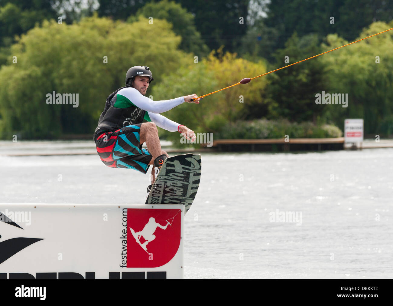 Wakeboarding at the Festival Leisure Wakeboard Park in Basildon. Stock Photo