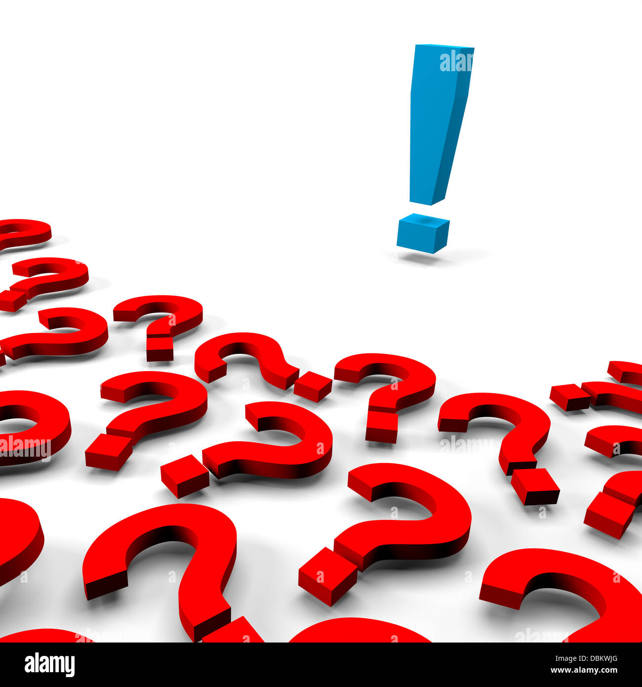 Many 3d red question marks and one answer exclamation mark on white background Stock Photo