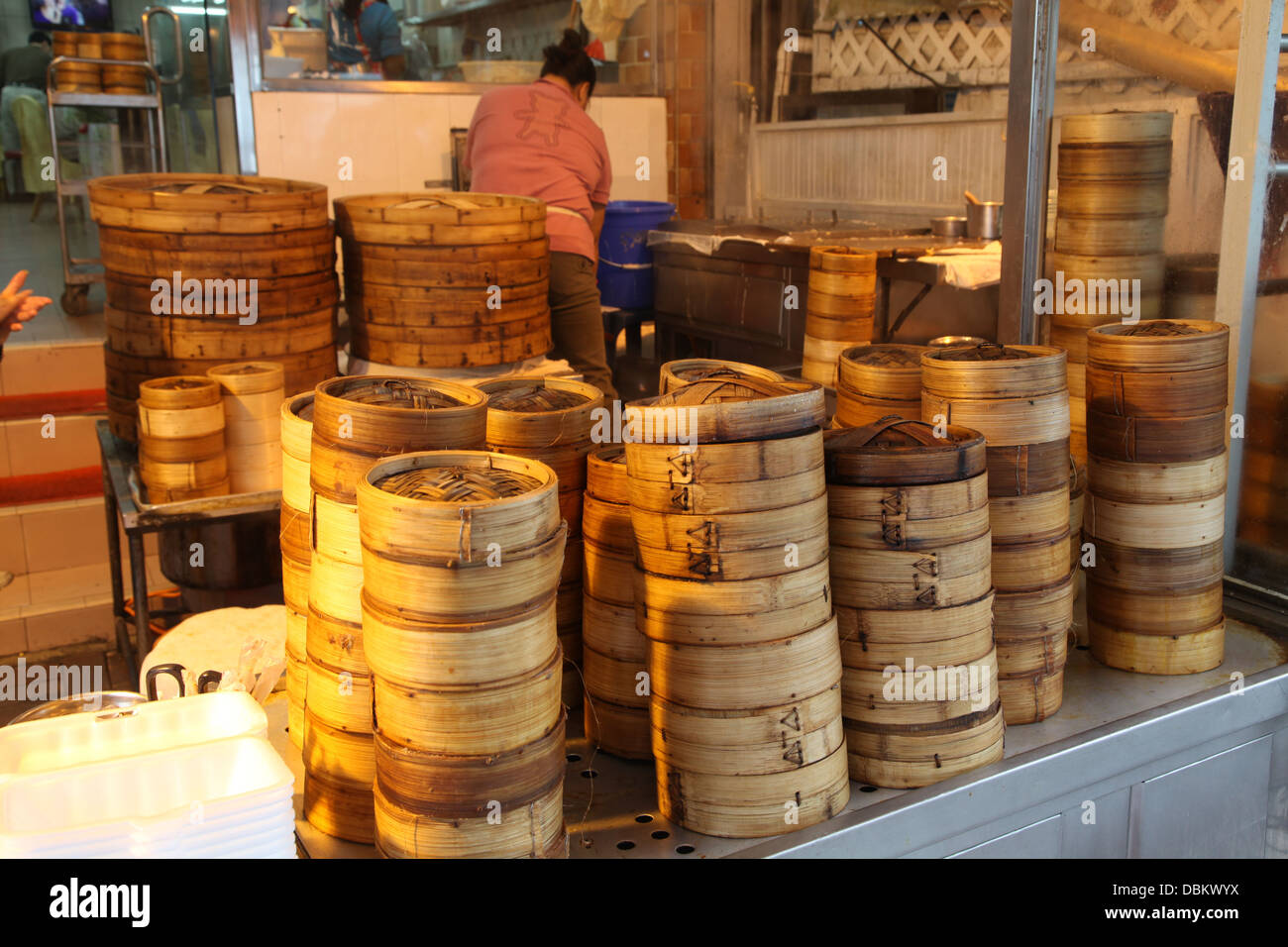 large small bamboo dim sum containers restaurant Stock Photo