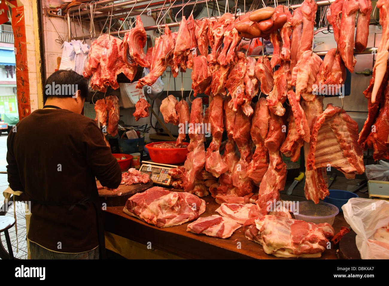Fish and meat market fishmonger stall Stock Photo