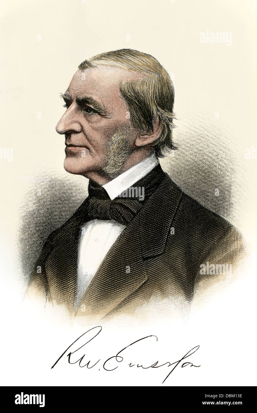 American essayist Ralph Waldo Emerson, with autograph. Hand-colored steel engraving Stock Photo