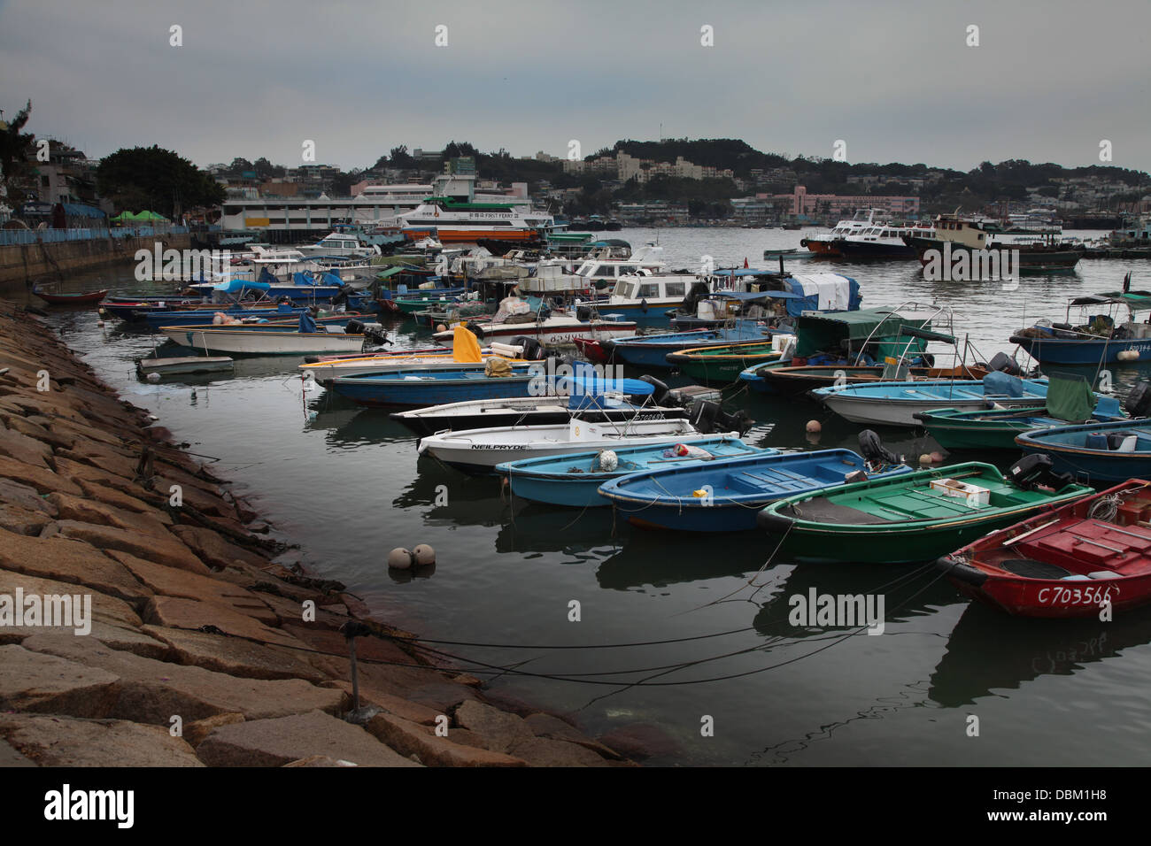 Fishing boats in typhoon shelter habour Stock Photo