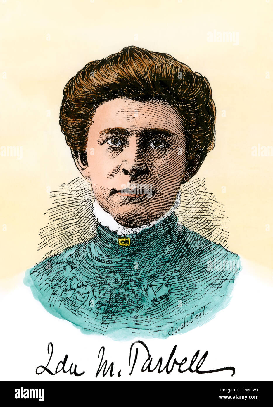 American reformer Ida Tarbell, with her signature. Hand-colored woodcut Stock Photo