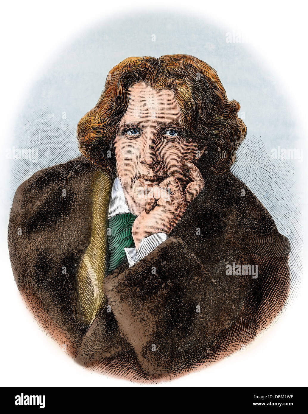 Author and critic Oscar Wilde, circa 1880. Hand-colored woodcut Stock Photo