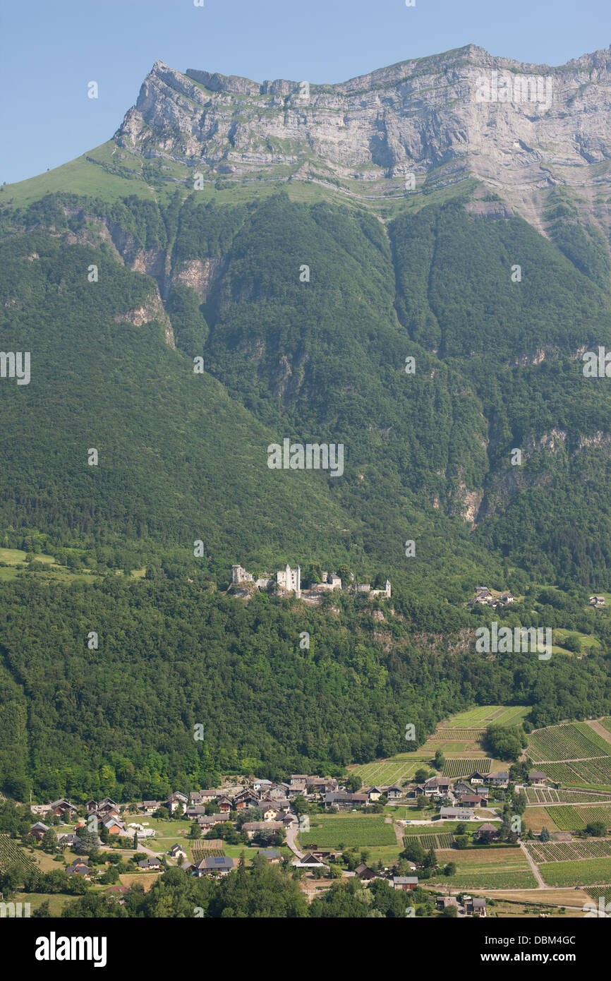 Perched Medieval Castle Aerial View Miolans Castle At The Foot Of A Massive Cliff Savoie Rhone Alpes France Perched Medieval Castle Aerial View Miolans Castle At The Foot Of A Massive Cliff Savoie Rhone Alpes France