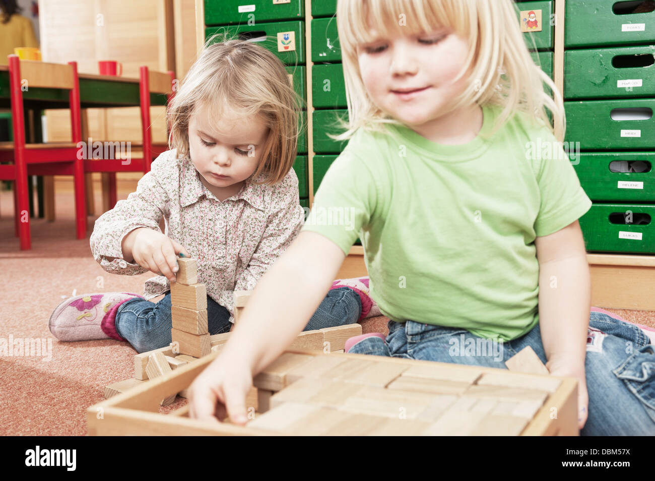 Children Playing With Building Blocks, Kottgeisering, Bavaria, Germany, Europe Stock Photo