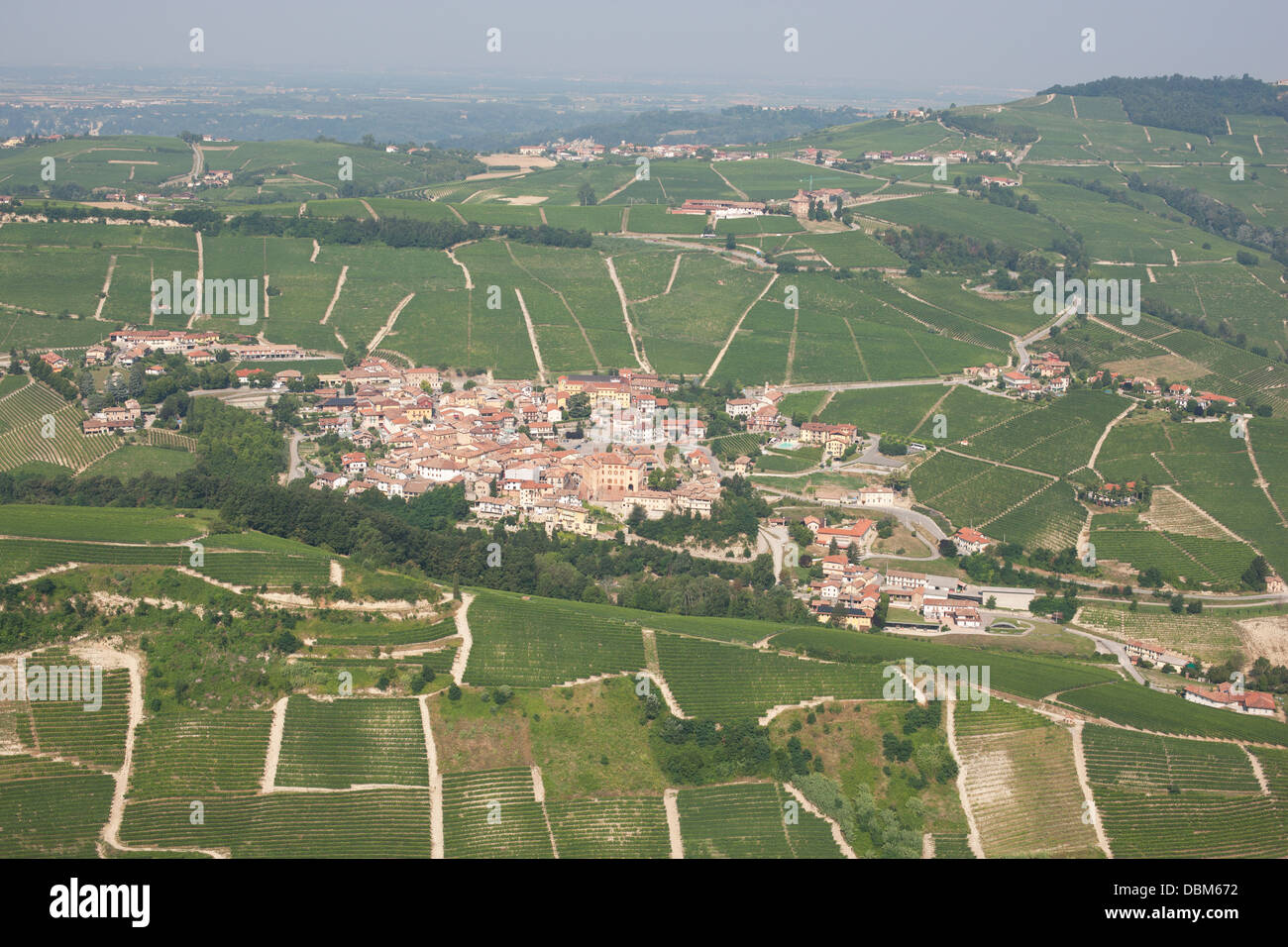 AERIAL VIEW. The city of Barolo, the center of a wine-producing region in the Langhe Hills. Province of Cuneo, Piedmont, Italy. Stock Photo
