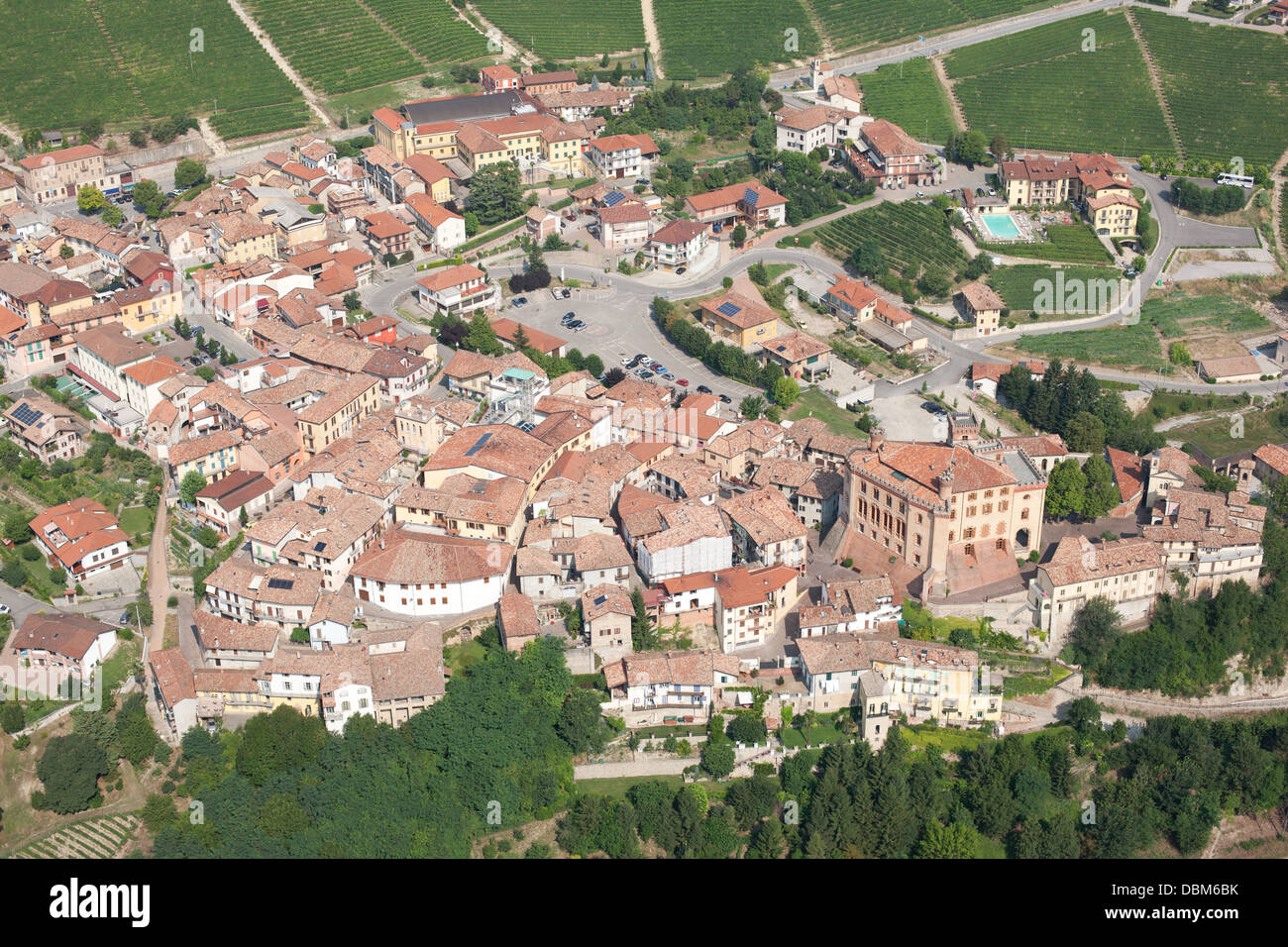 AERIAL VIEW. The city of Barolo, the center of a wine-producing region in the Langhe Hills. Province of Cuneo, Piedmont, Italy. Stock Photo