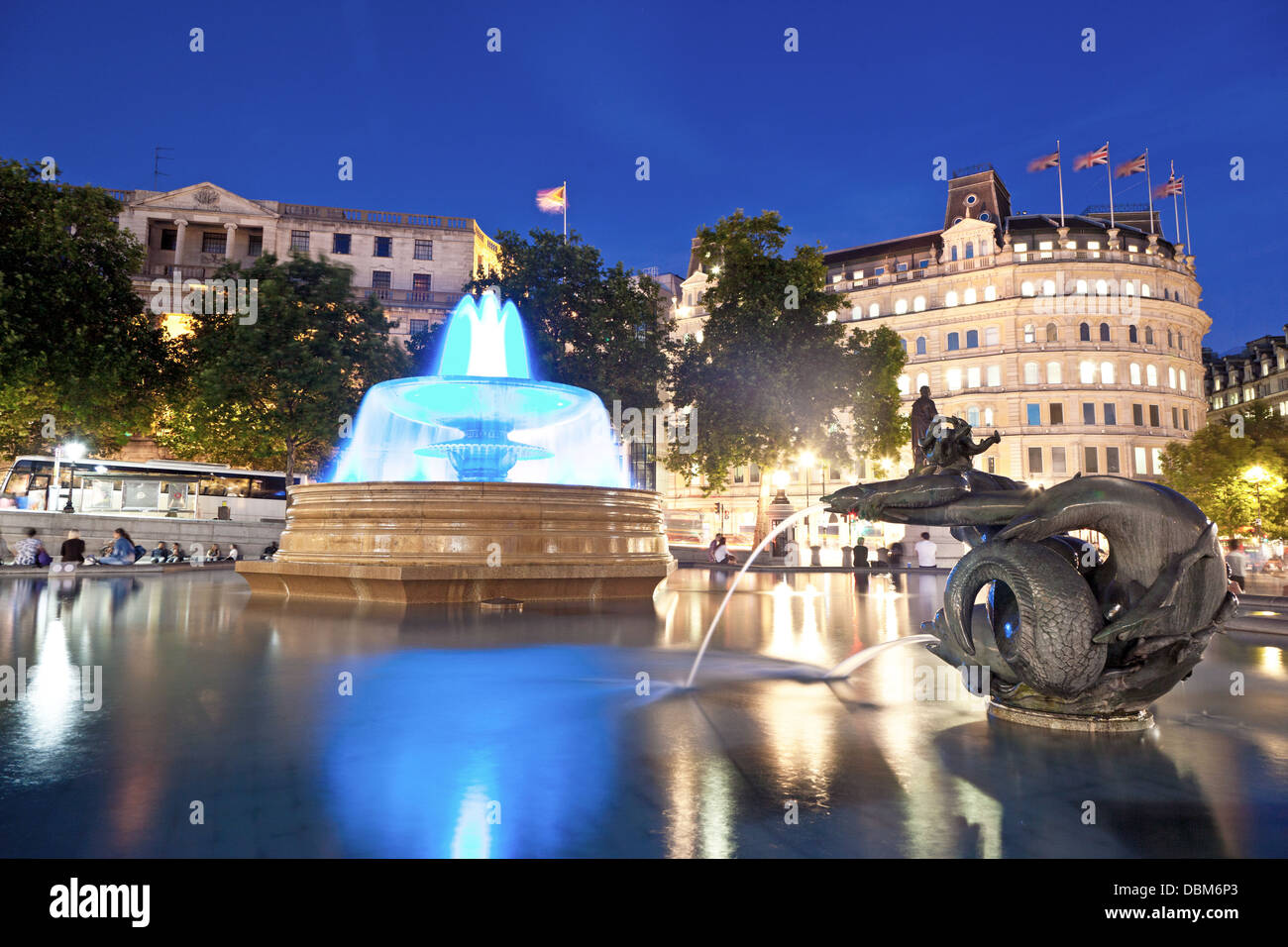 Blue Fountain in Trafalgar SQ For Prince George London UK Stock Photo