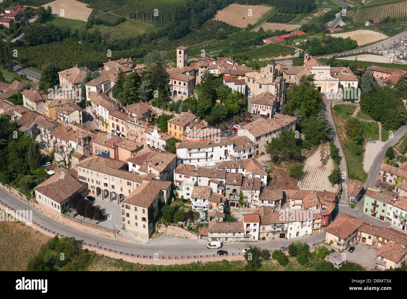AERIAL VIEW. Medieval hilltop village in the Langhe Hills; a wine-producing region. Neive, Province of Cuneo, Piedmont, Italy. Stock Photo