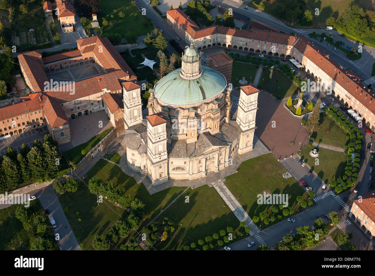 AERIAL VIEW. Vicoforte Sanctuary. Province of Cuneo, Piedmont, Italy. Stock Photo
