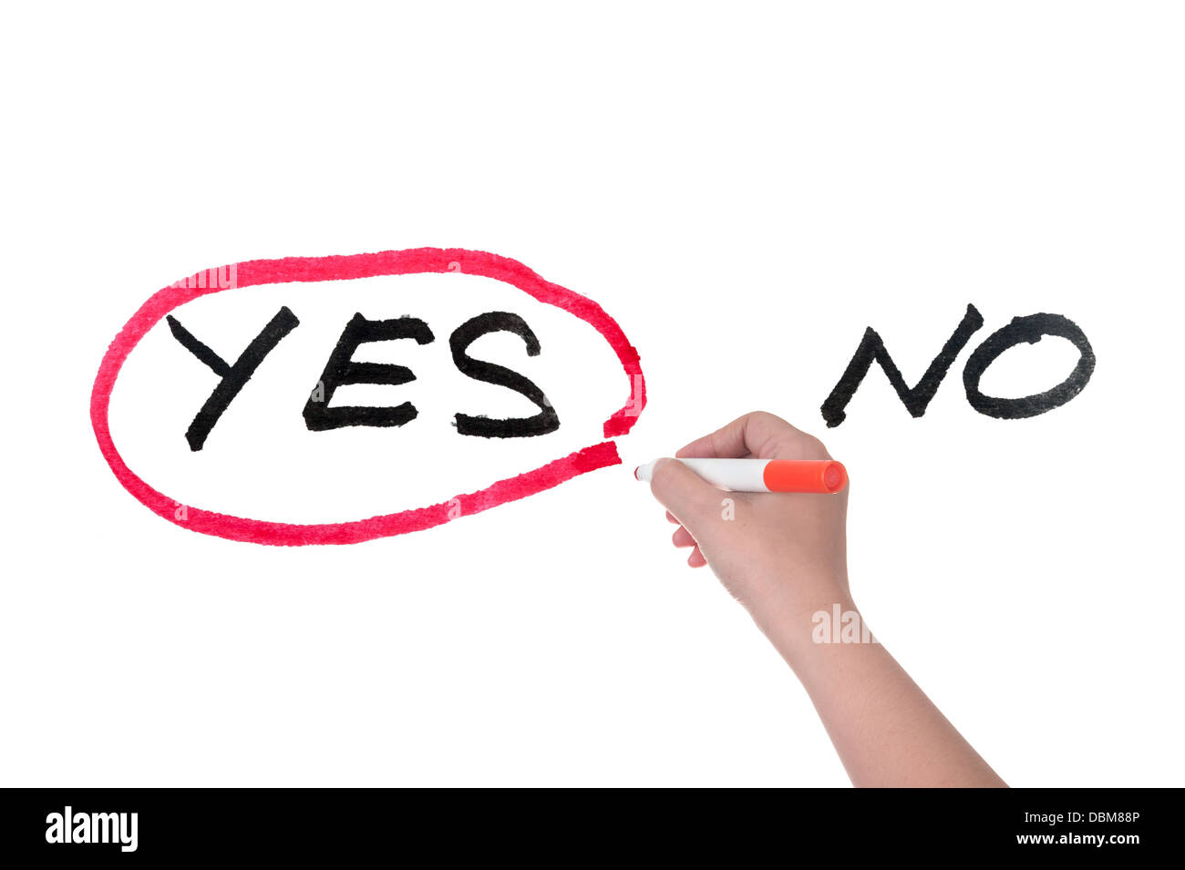 Choosing from yes and no concept, hand writing on white board Stock Photo