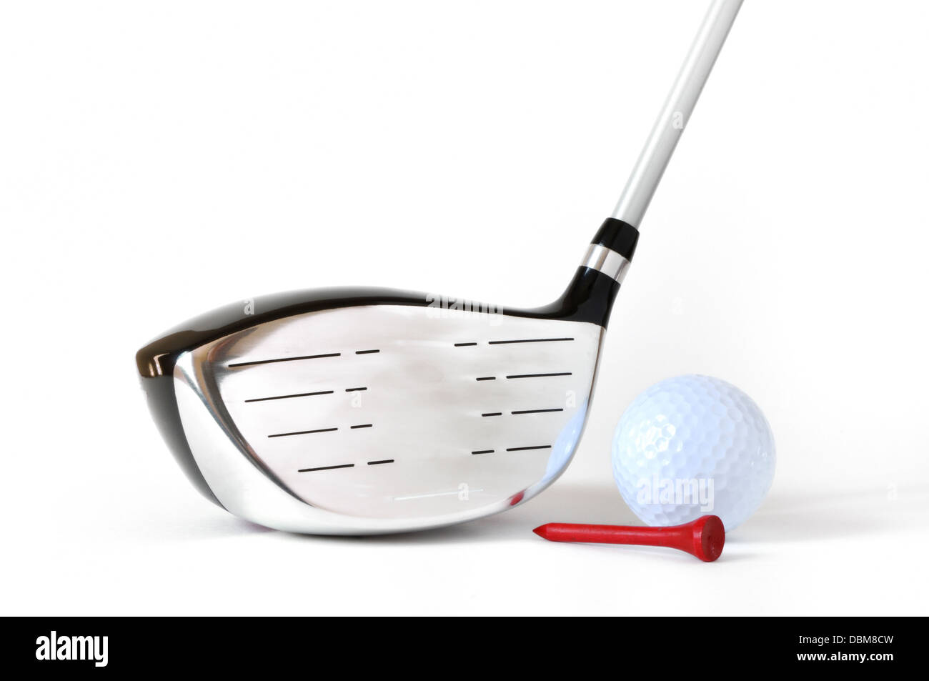 Driver, Golf Ball, and Red Tee isolated on a white background Stock Photo