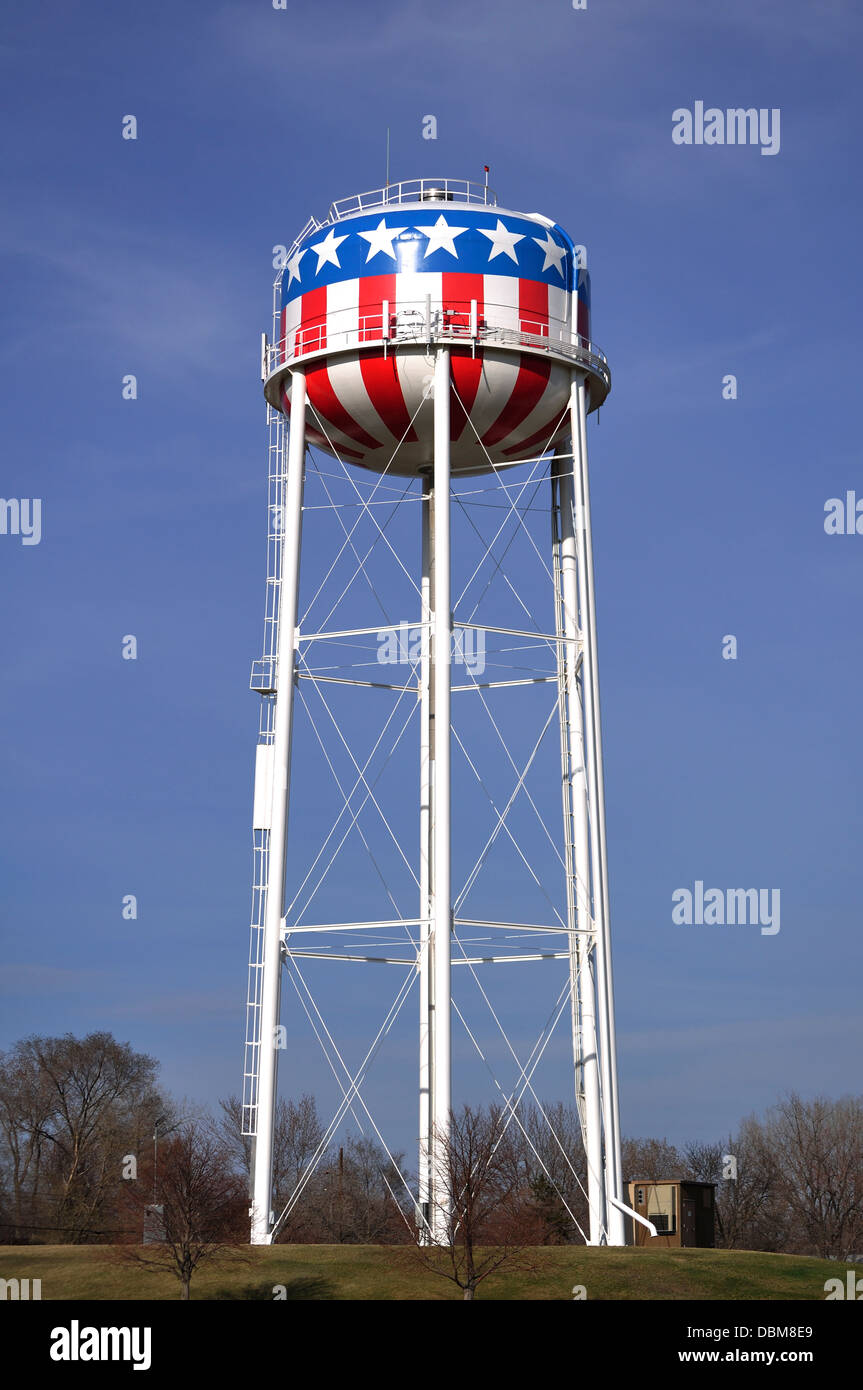 Patriotic Red, White, & Blue American Water Tower with Stars & Stripes, USA Stock Photo