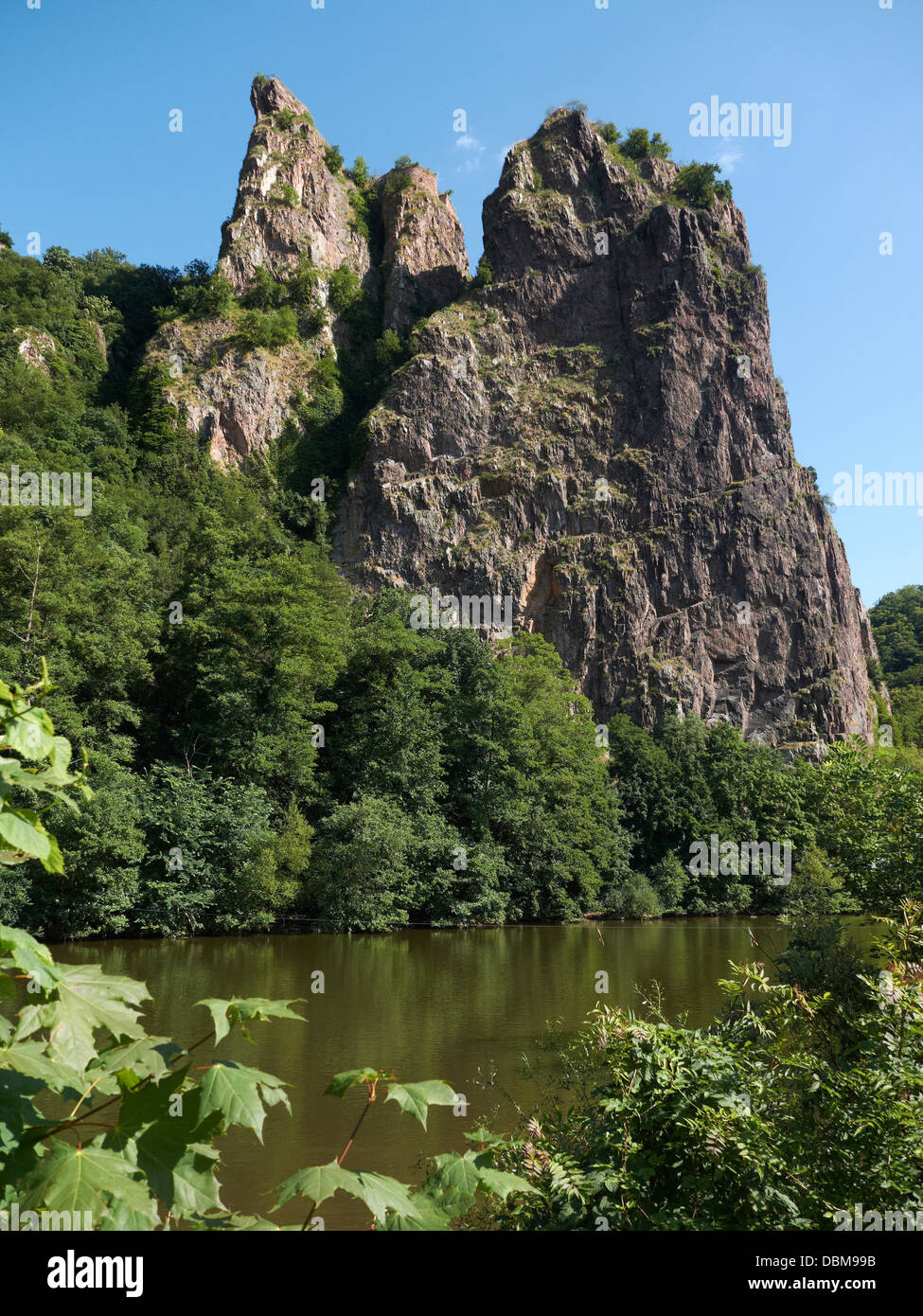 View to the river Nahe and the rock massif Rotenfels, Bad Münster am Stein-Ebernburg, Rheinland-Palatinate,Germany Stock Photo