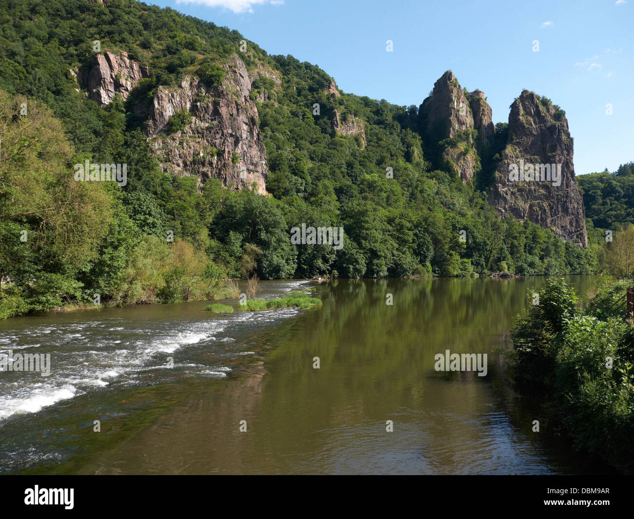 View to the river Nahe and the rock massif Rotenfels, Bad Münster am Stein-Ebernburg, Rheinland-Palatinate,Germany Stock Photo