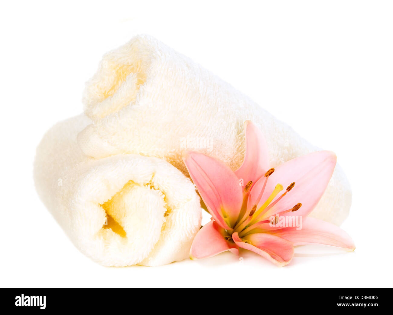 White towels with flower on isolated background Stock Photo