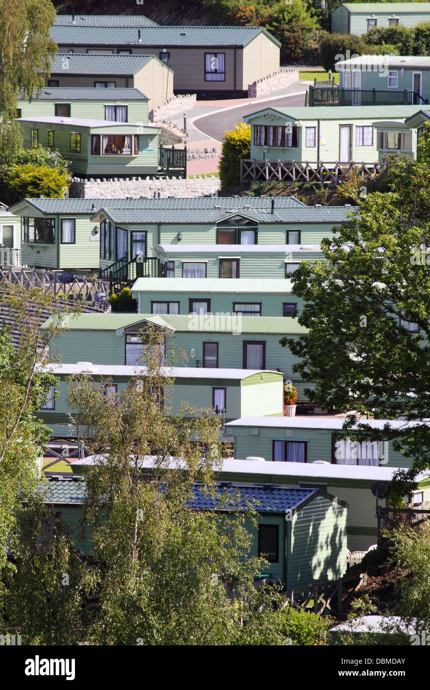 A hillside of mobile homes on a large site near Conwy, North Wales, UK