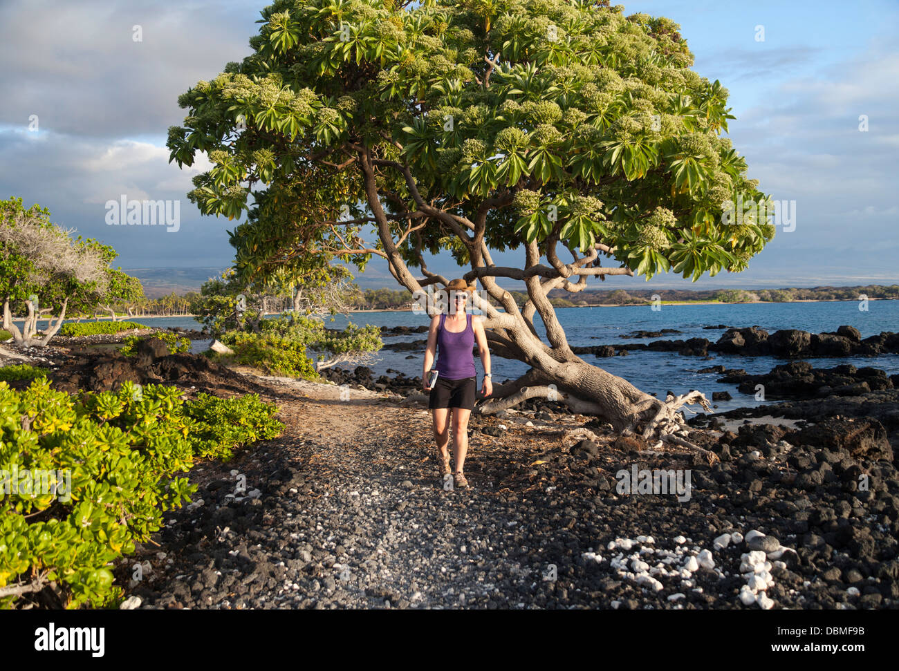 Woman explores the King's Highway, a coastal trail in Waikoloa on the Big Island of Hawaii by Anaehoomalu Bay Stock Photo