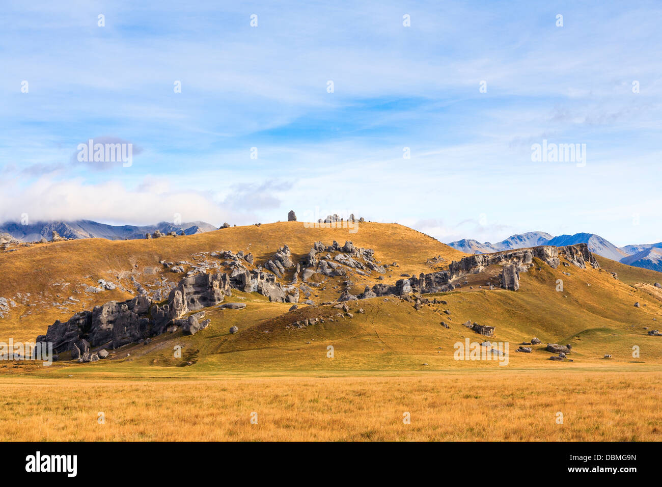 Limestone outcrops of Castle Hill in Arthurs Pass, South Island of New Zealand. This is a popular climbing venue. Stock Photo