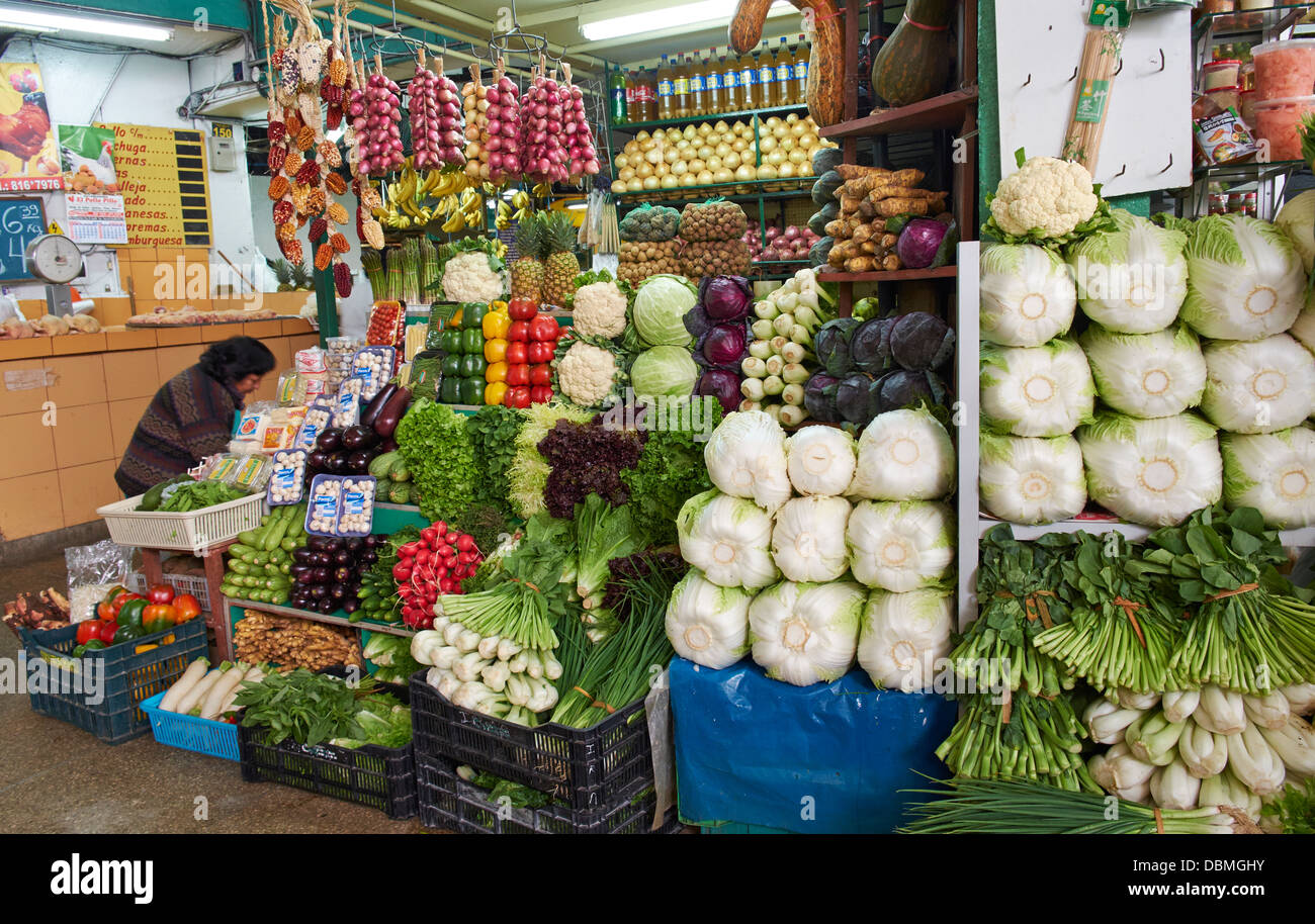 Fresh vegetable stall at the Surquillo Market in Lima,Peru. Stock Photo