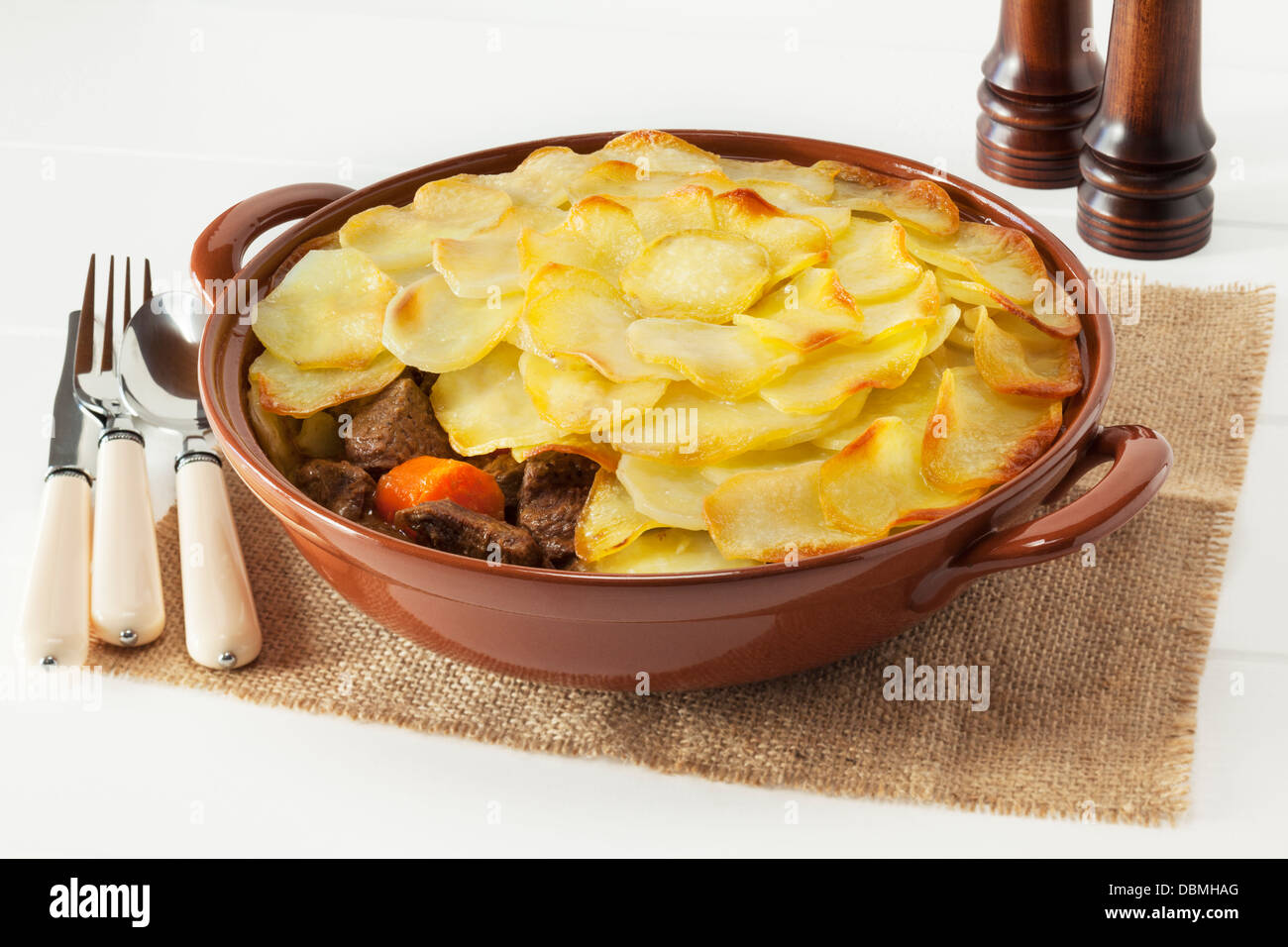 Lancashire Hotpot - regional speciality Lancashire Hot Pot, lamb and vegetables topped with sliced potatoes and oven baked... Stock Photo