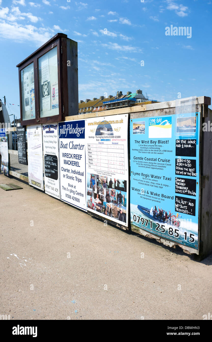 Signs and posters advertising fishing and pleasure trips at West Bay  Harbour Dorset UK Stock Photo - Alamy