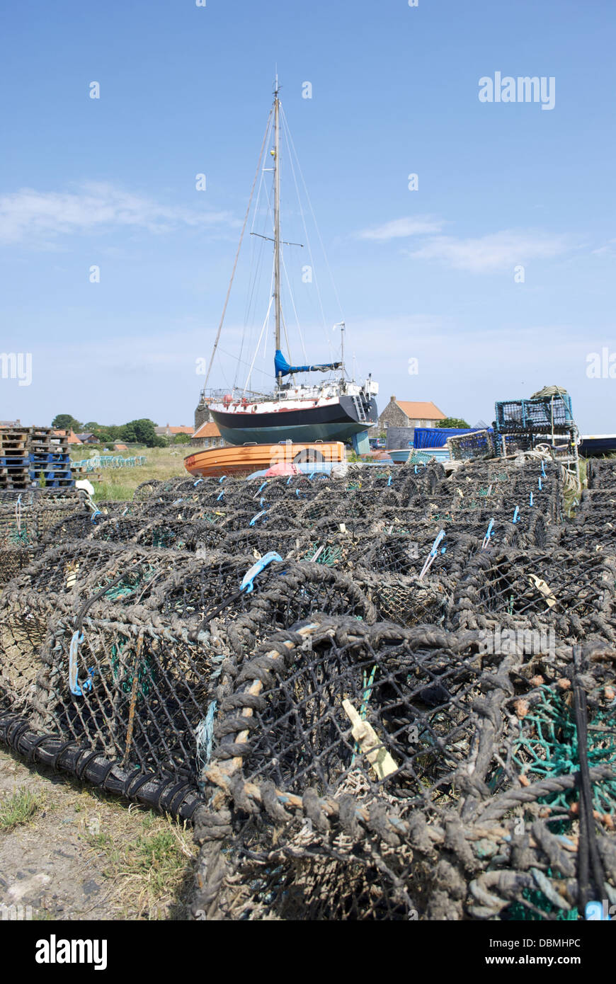 Lobster traps on holy island Stock Photo