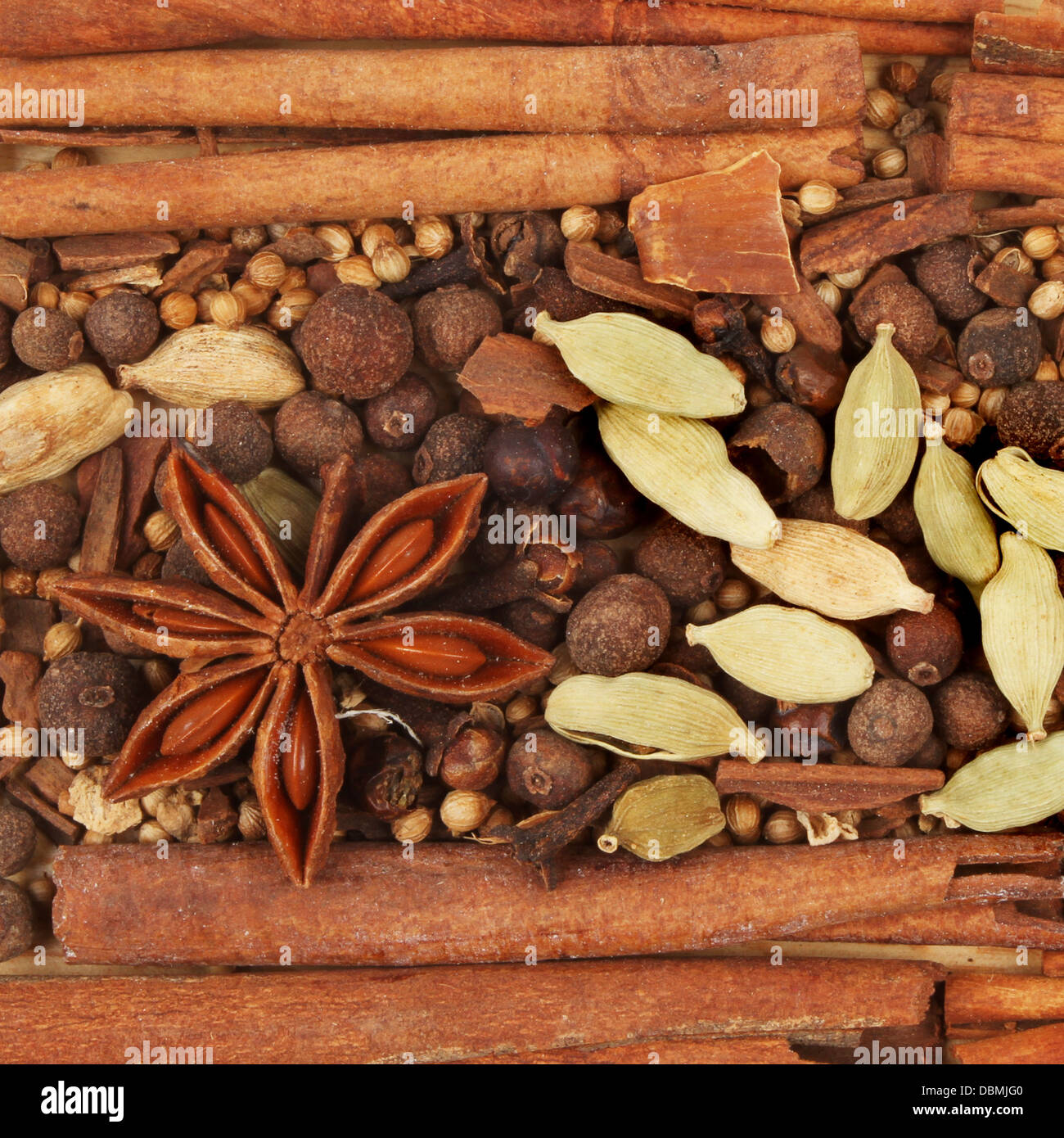 mixed spice, cinnamon, star anise and cardamom seeds Stock Photo
