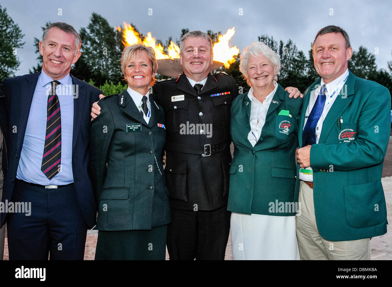 Belfast, Northern Ireland. 1st August 2013 - Members of the organising committee of the World Police and Fire Games (WPFG) at the opening ceremony including DCC Judith Gillespie, Dale Ashford from the NIFRS and Dame Mary Peters Credit:  Stephen Barnes/Alamy Live News Stock Photo