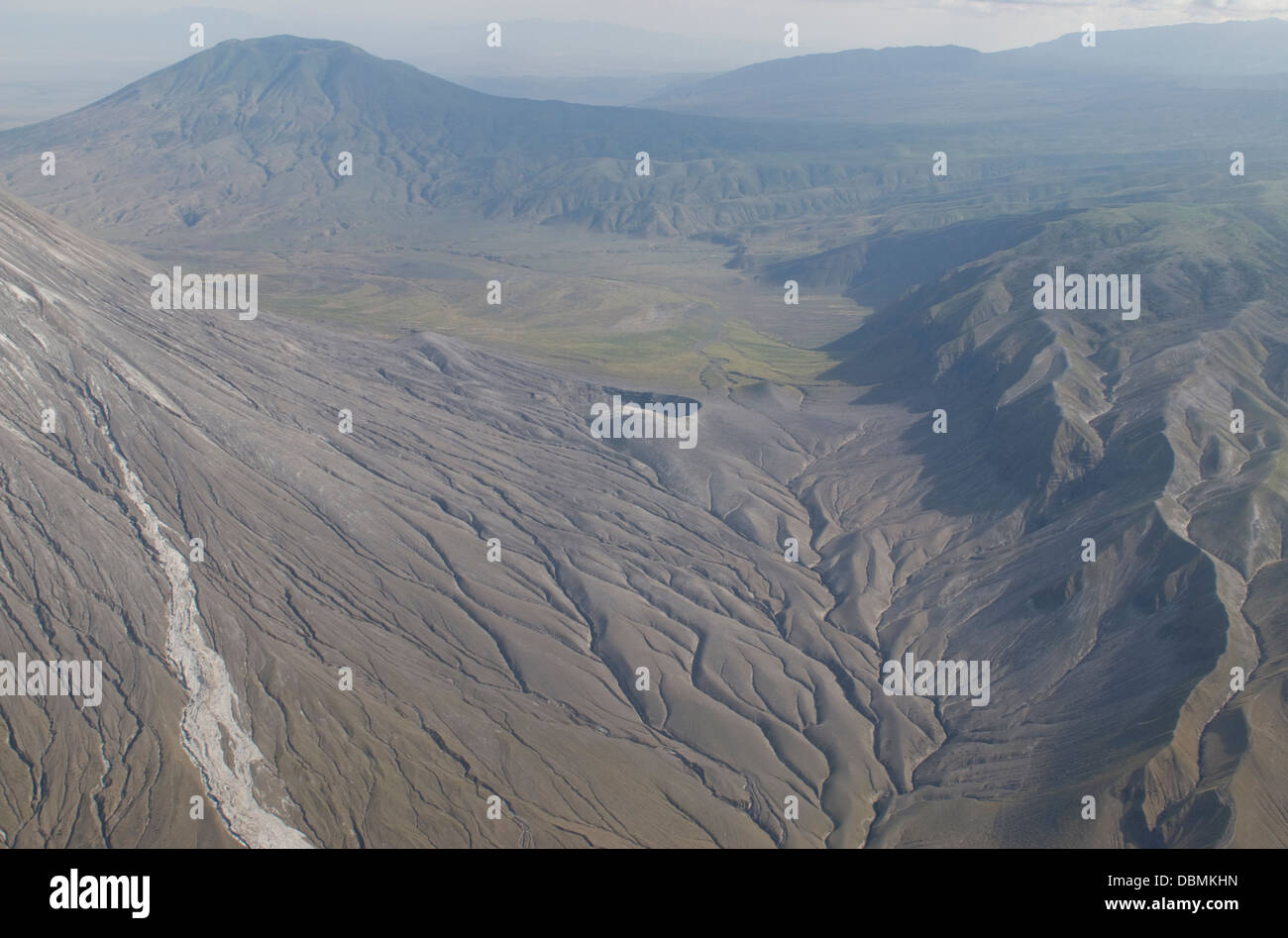 Aerial view of eroding volcanic ash in Rift Gregory (part of the East African Rift Valley) next to the volcano Oldoinyo Lengai Stock Photo