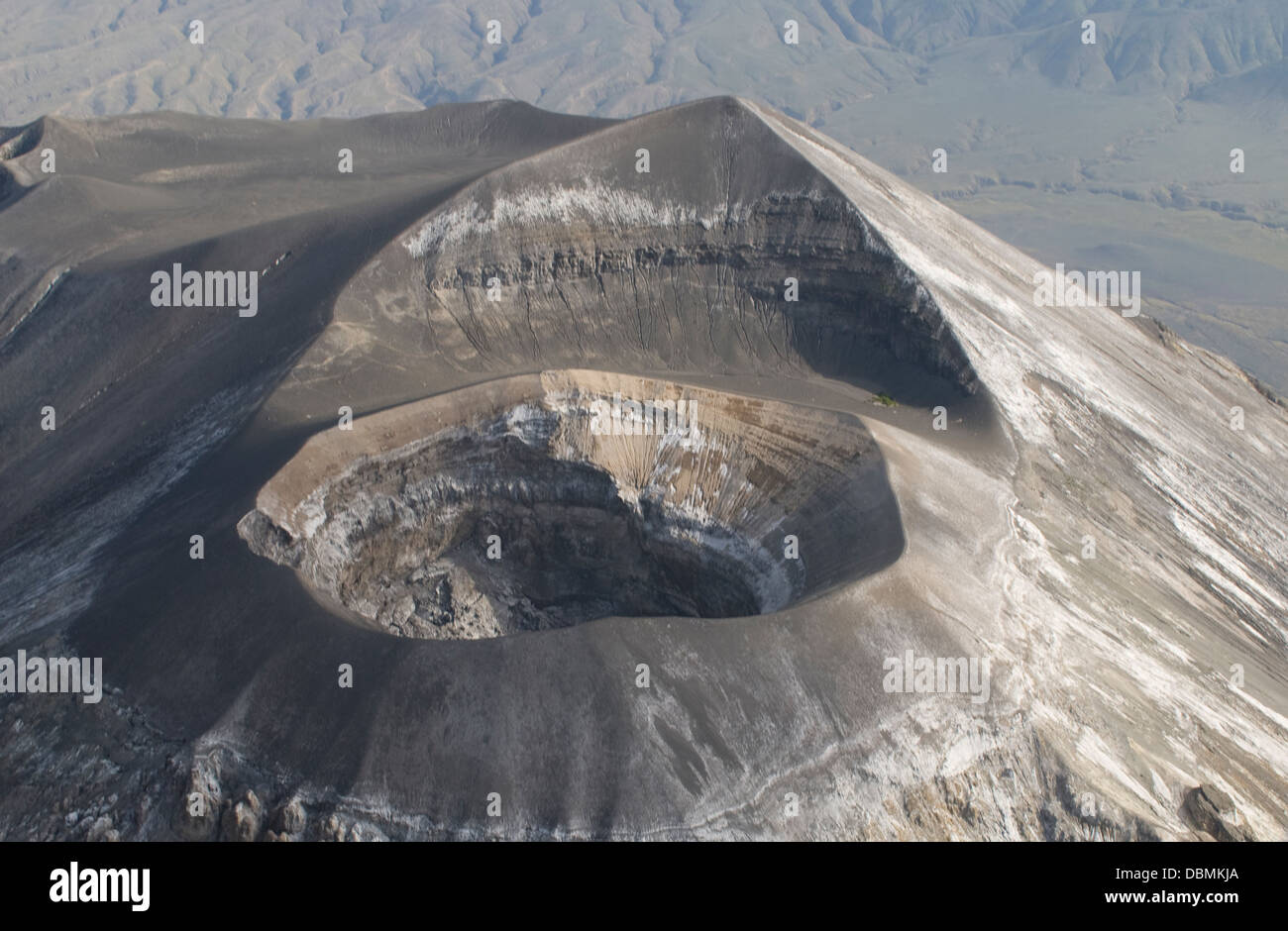 Aerial view into the crater of the volcano Oldoinyo Lengai, some four and half years after the last eruption in March 2008 Stock Photo