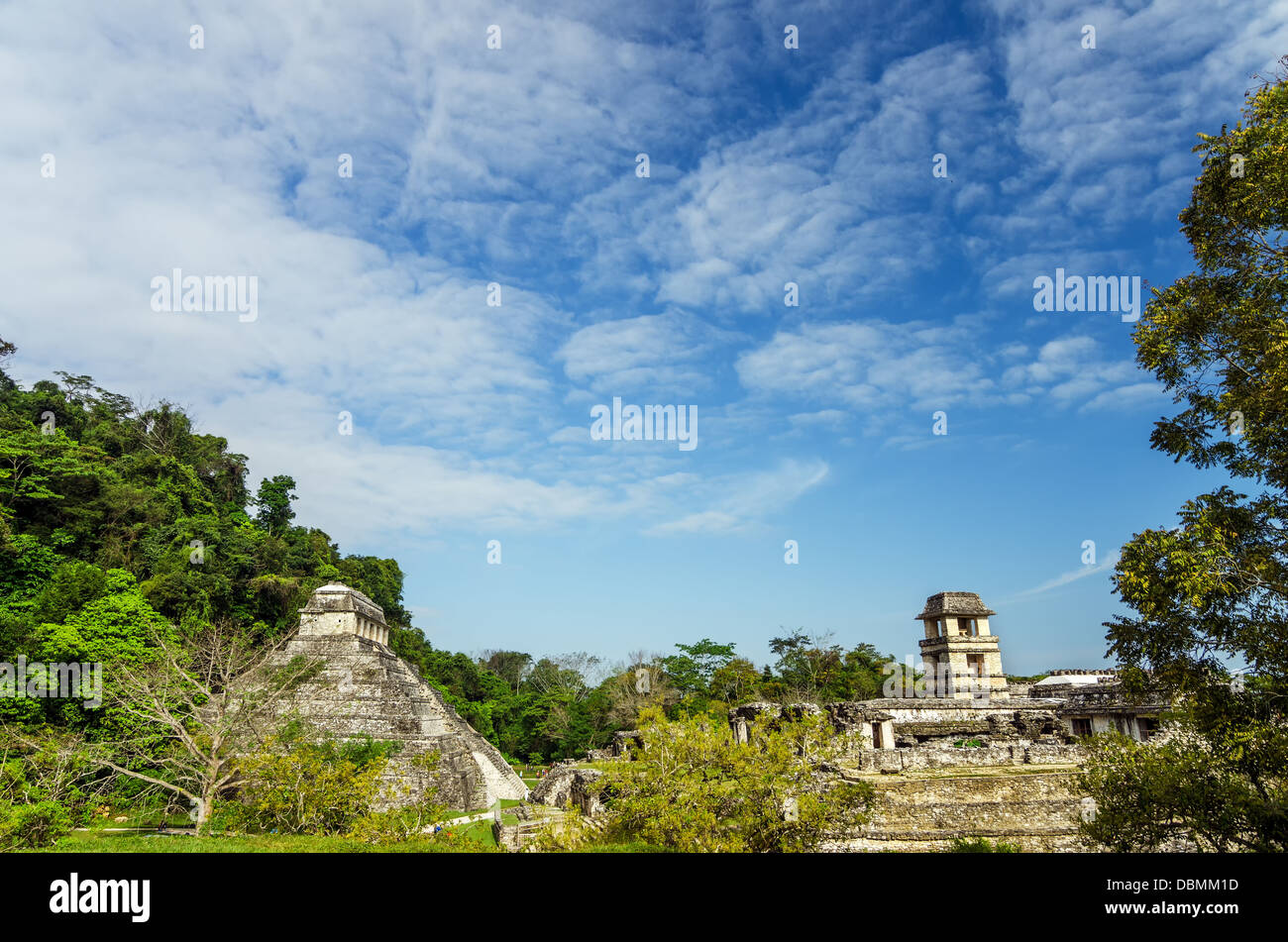 Temple of Inscriptions and the palace in the Mayan ruins of Palenque in southern Mexico Stock Photo