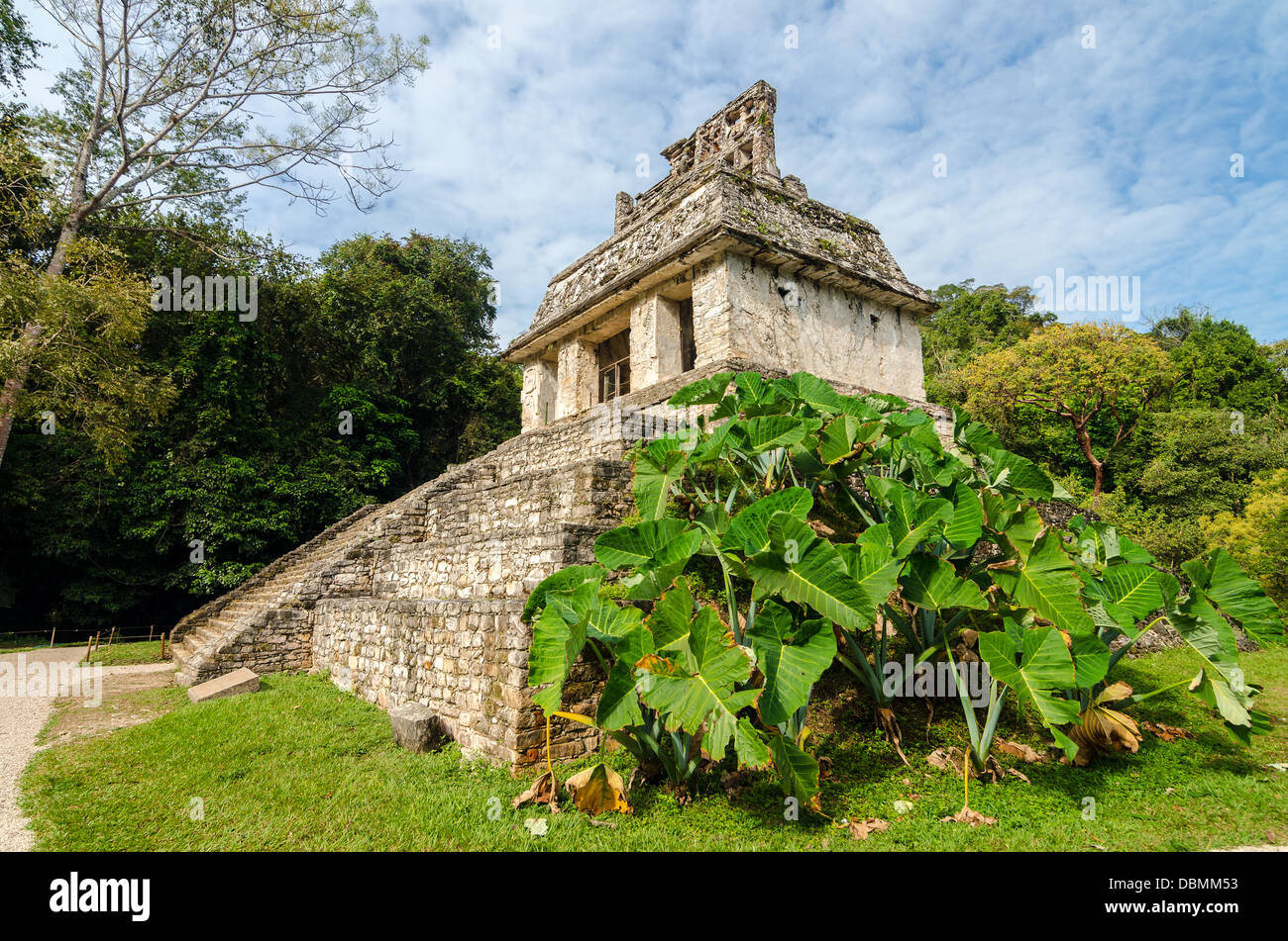Ancient Mayan temple and lush green foliage at Palenque in Chiapas, Mexico Stock Photo