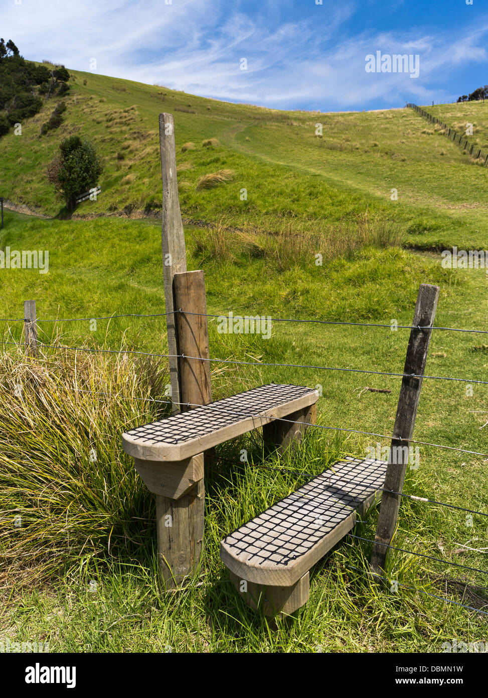 dh Urupukapuka Island BAY OF ISLANDS NEW ZEALAND Wooden footpath stile foot path stiles Stock Photo