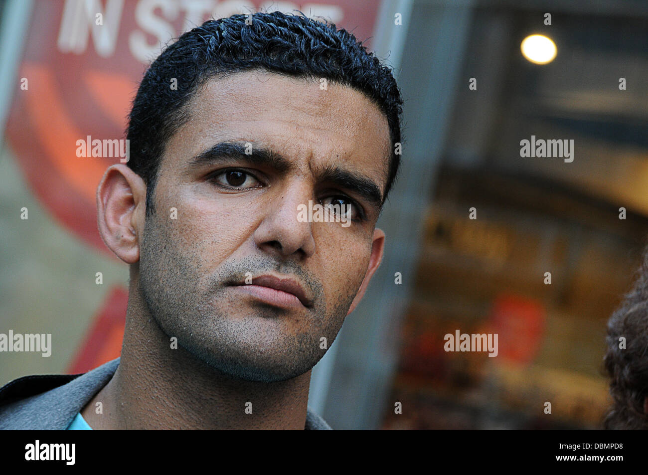 London, UK. 1st August 2013. Palestine international footballer Mahmoud Sarsak, join  protest outside the Israeli Embassy in London. 'Day of Rage' called for by Palestinian citizens of Israel in response to Israel's Prawer Plan to expel over 50,000 Palestinian Bedouins from the Naqab desert.  Credit:  See Li/Alamy Live News Stock Photo