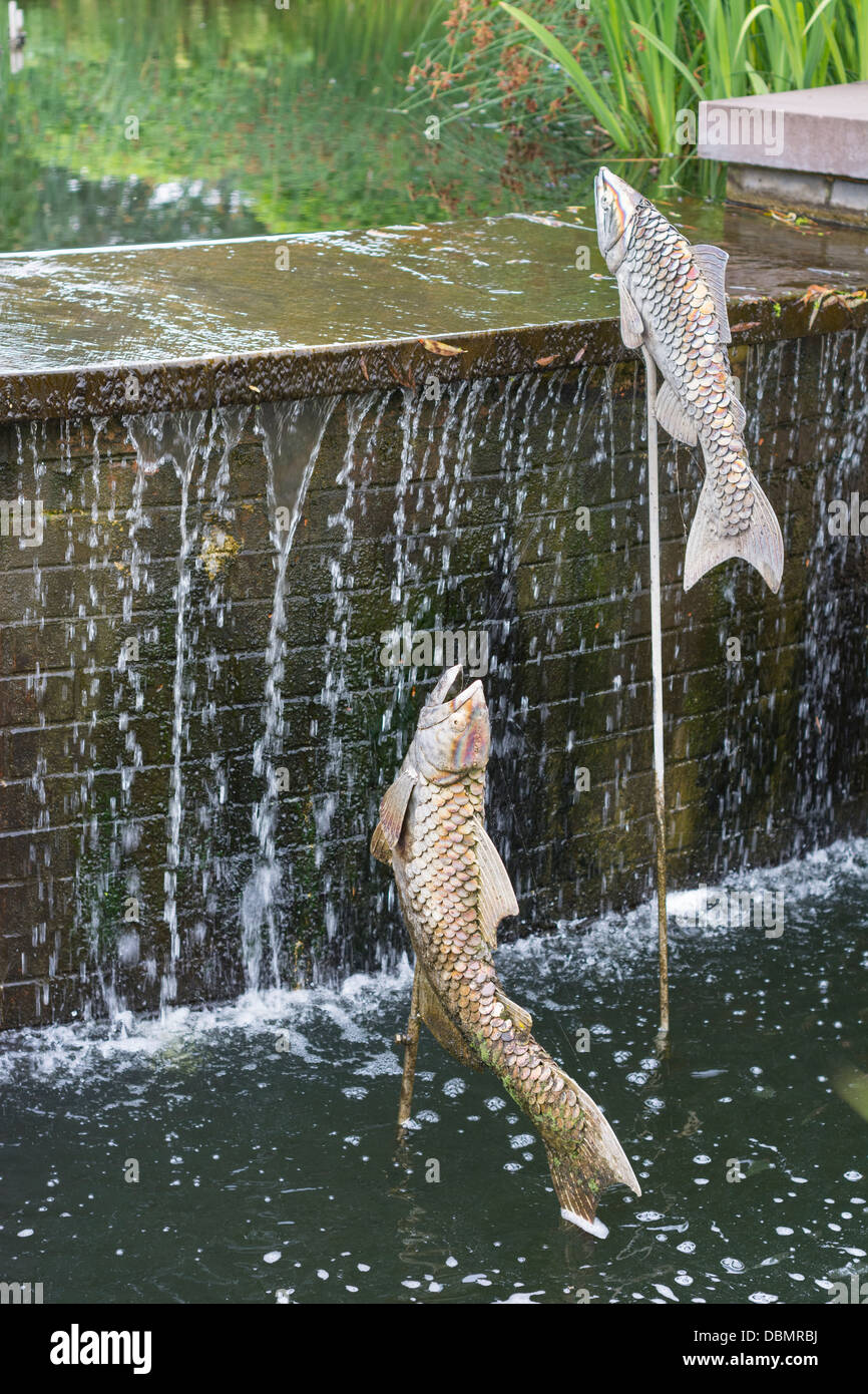 Jumping Salmon water feature, Springfield's, festival gardens, Lincolnshire Stock Photo