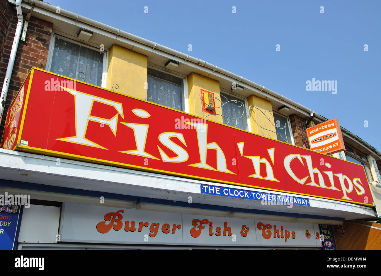 Fish n Chips sign, Skegness, Lincolnshire, England, UK Stock Photo