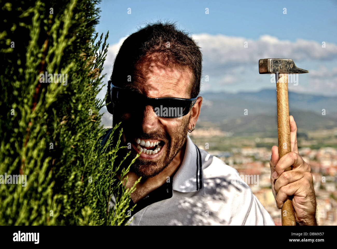 Carpenter crazy in shock with their work Stock Photo