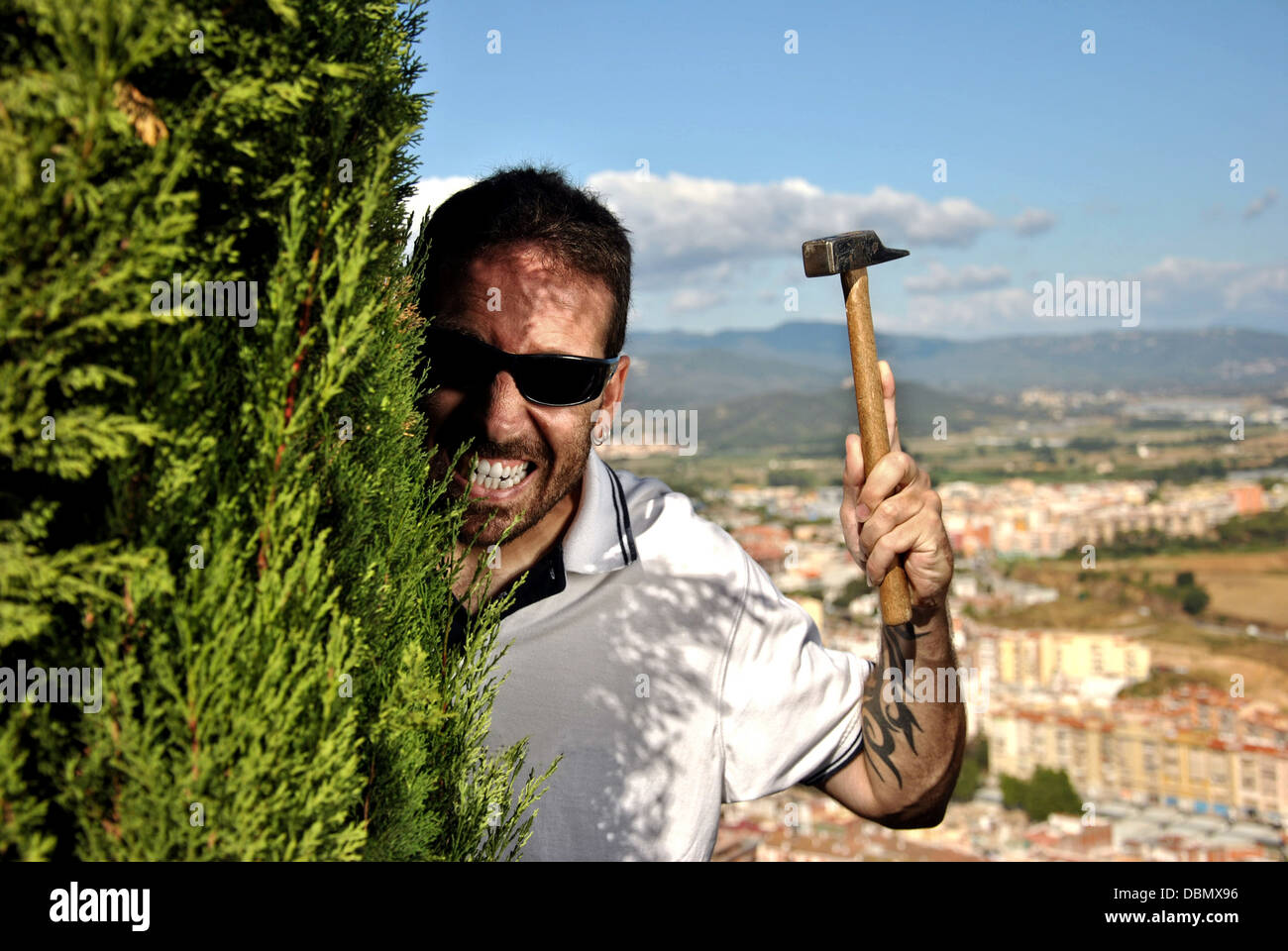 Carpenter crazy in shock with their work Stock Photo